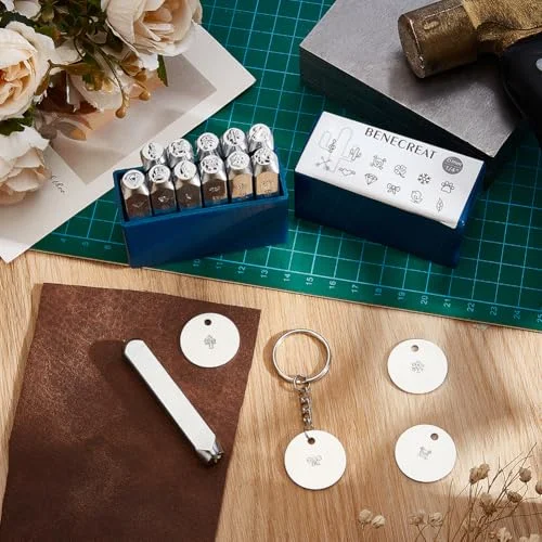 BENECREAT 12 Pack (6mm 1/4") Metal Punch Stamp, Nature Theme Design Stamps Metal Stamping Tools Case - Electroplated Hard Carbon Steel Tool to Punch Metal Jewelry Leather Wood — view 4