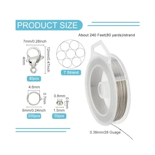 BENECREAT 240-Feet 0.015inch/0.38mm Stainless Steel 7-Strand Beading Wire with 200pcs Jump Rings, 50pcs Crimp Beads and 30pcs Lobster Claw Clasps for Jewelry Making — view 2