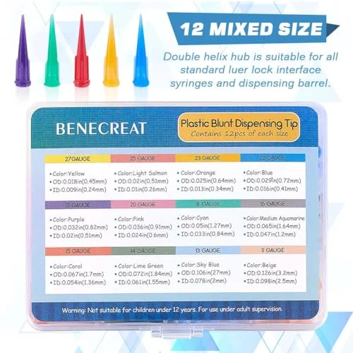 BENECREAT 120Pcs Blunt Plastic Tapered Tip Plastic Dispensing Needle Tips with 12 Mixed Size for Refilling Glue Fluid Precisely (12GA/13GA/14GA/ 15GA/16GA/18GA/ 20GA/21GA/22GA/ 23GA/25GA/27GA) — view 4