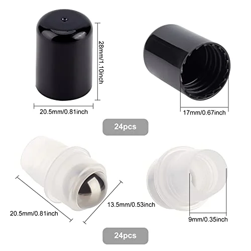 BENECREAT 24Sets Essential Oil Roller Inserts Kit, Stainless Steel Roller Balls and Black Bottle Cap for 5~15ml Essential Oils, Cosmetics Bottle, 9mm inner diameter — view 2