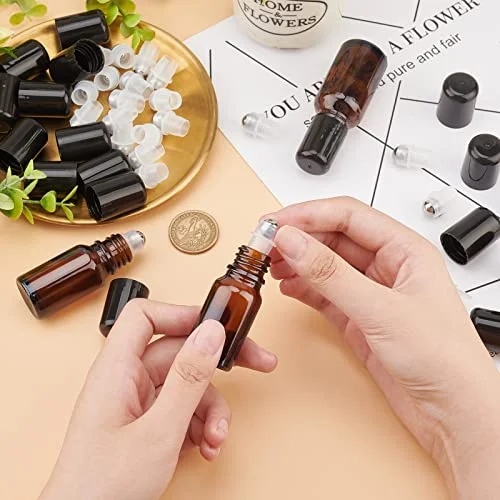 BENECREAT 24Sets Essential Oil Roller Inserts Kit, Stainless Steel Roller Balls and Black Bottle Cap for 5~15ml Essential Oils, Cosmetics Bottle, 9mm inner diameter — view 3