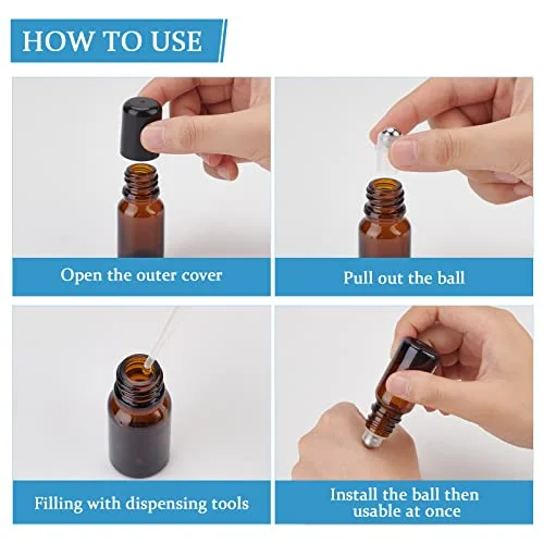 BENECREAT 24Sets Essential Oil Roller Inserts Kit, Stainless Steel Roller Balls and Black Bottle Cap for 5~15ml Essential Oils, Cosmetics Bottle, 9mm inner diameter — view 4