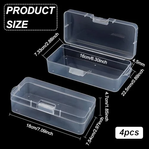 BENECREAT 4 Packs Rectangle Plastic Container Box, 7x3x1.8inch Clear Storage Organizer with Hinged Lid and Hanging Hole for Small Craft Accessories Office Supplies — view 2
