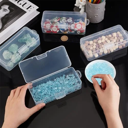 BENECREAT 4 Packs Rectangle Plastic Container Box, 7x3x1.8inch Clear Storage Organizer with Hinged Lid and Hanging Hole for Small Craft Accessories Office Supplies — view 3