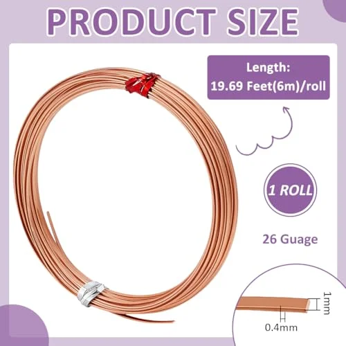 BENECREAT 19.7FT Flat Pure Copper Wire, 1mm Wide, 26 Gauge — view 2